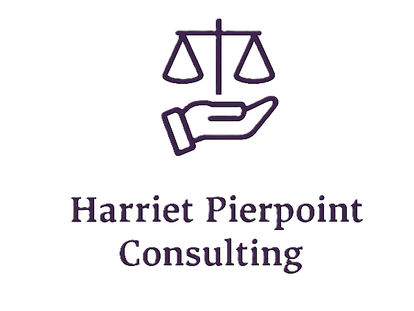 Logo for Harriet Pierpoint Consulting featuring a hand holding scales of justice.