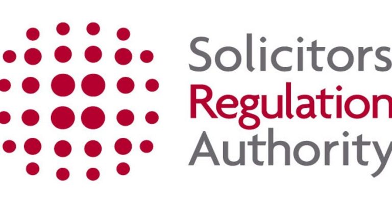 Logo of the Solicitors Regulation Authority featuring red dots and grey text.
